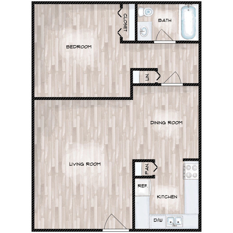 1 Bedroom 1 Bathroom Floor Plan at Boston Woods Apartments, San Antonio TX, 78201